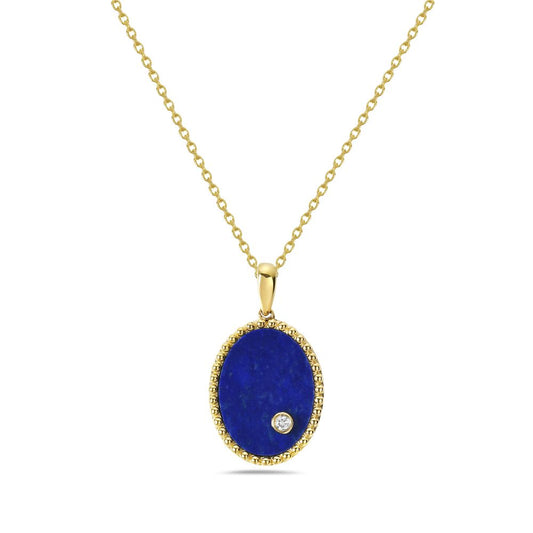 14KY 16X12 OVAL PENDANT WITH 1 DIAMOND 0.03CT & LAPIS ON 18