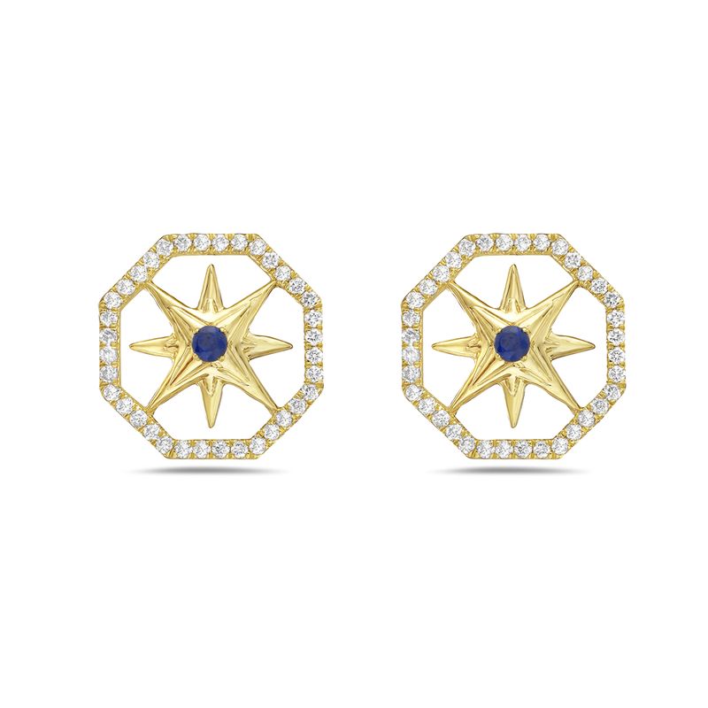14k 12mm hexagon shape compass earrings with 2 sapphires 0.06ct & 72 diamonds 0.25ct 5.5