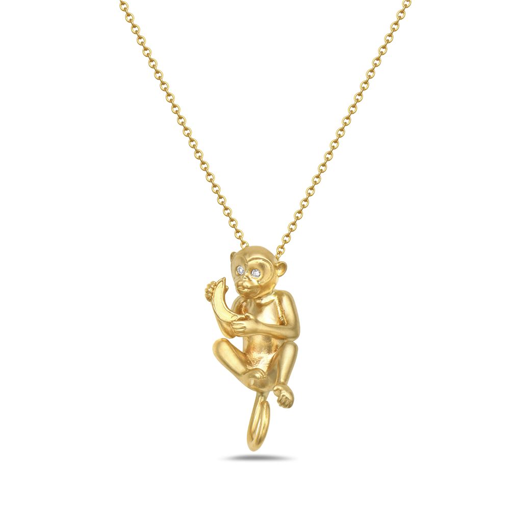 14KY MONKEY EATING A BANANA PENDANT WITH DIAMOND EYES 0.012CT ON 18 INCHES CHAIN