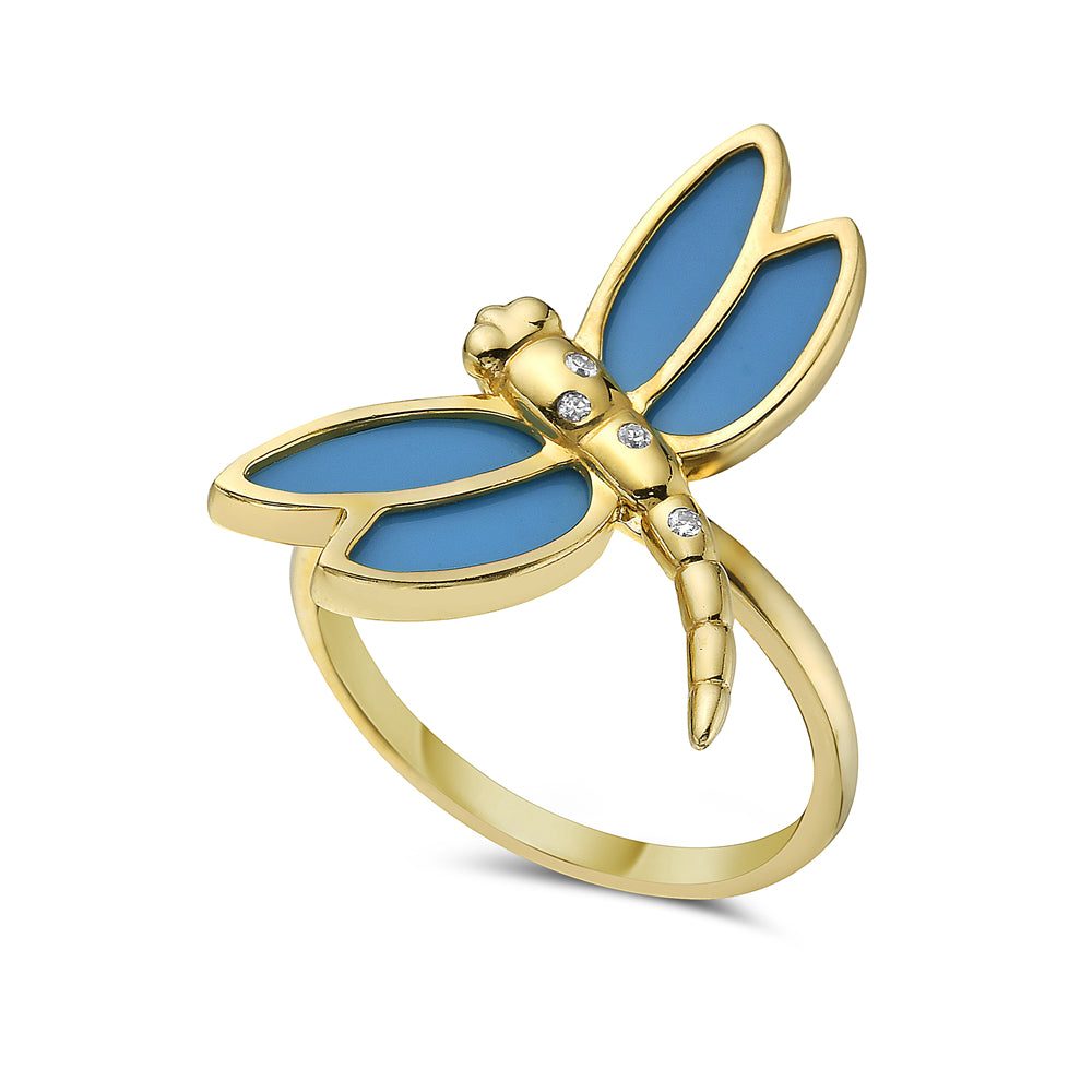 14K REC TURQUOISE DRAGONFLY RING WITH 4 DIAMONDS 0.03CT