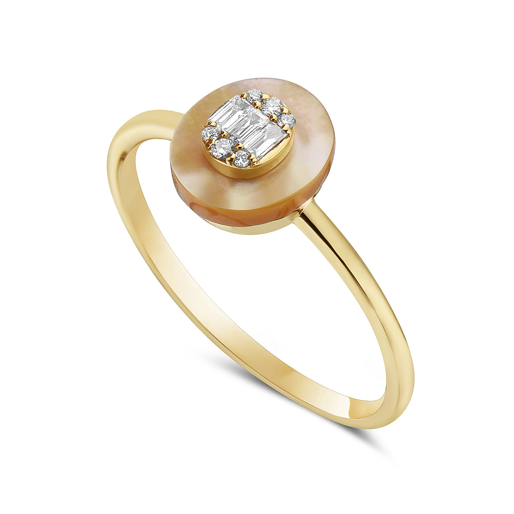 14K RING WITH 1 ROUND MOTHER OF PEARL 0.87CT AND 9 DIAMONDS 0.07CT