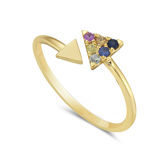 14K RING IN 2 TRIANGLES OPEN DESIGN DIAMONDS AND SAPPHIRES