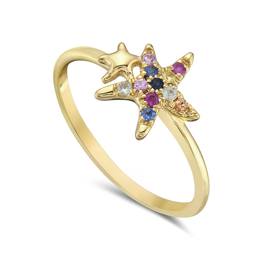 14KY 3 BLUE SAPPHIRE 0.040CT, 2 GREEN SAPPHIRE 0.035CT, 1 ORANGE SAPPHIRE 0.015CT, 4 PINK SAPPHIRE 0.060CT, 1 YELLOW SAPPHIRE 0.015CT 2 STARS RING