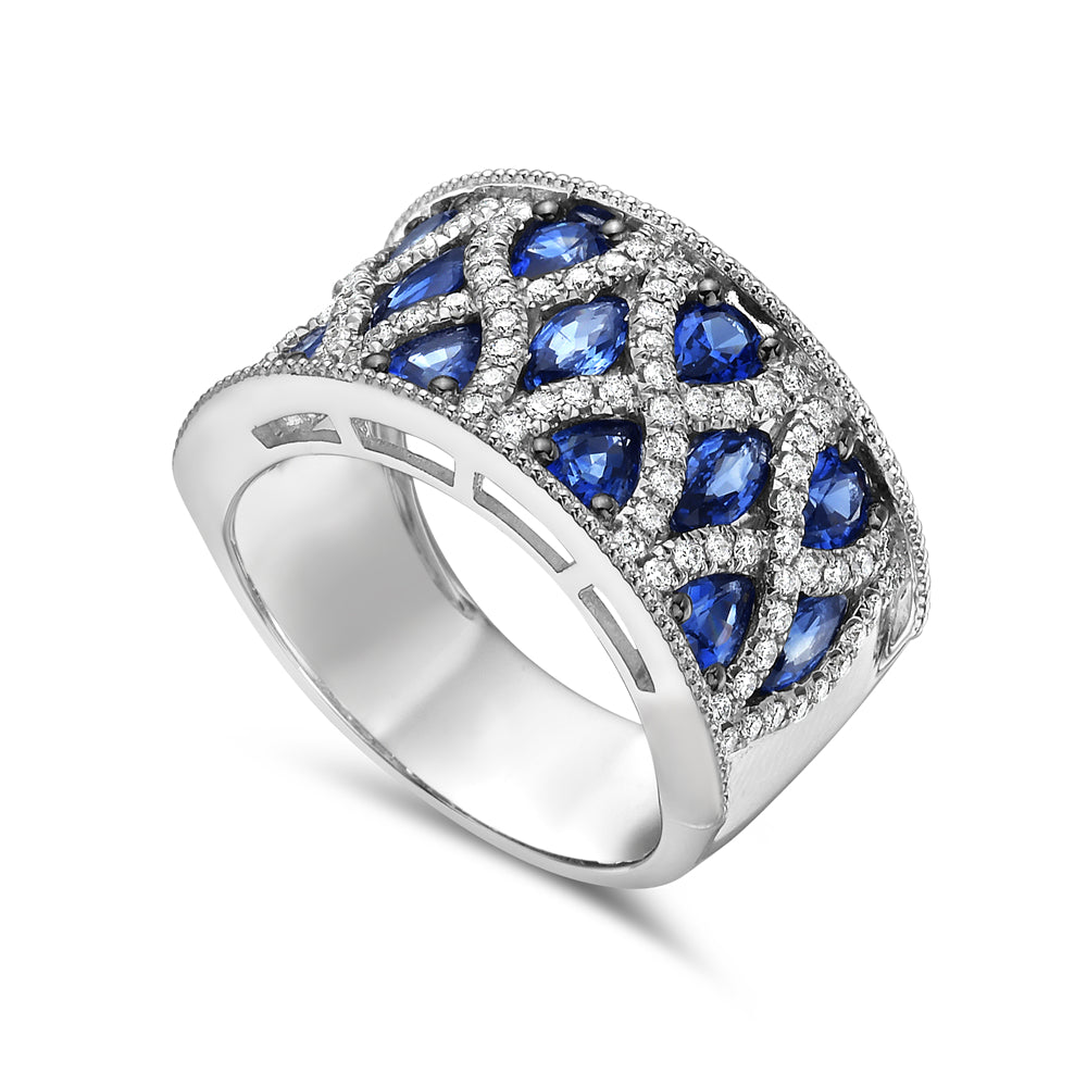 14K BAND WITH 90 DIAMONDS 0.43CT & 13 FANCY COLOR SAPPHIRES 2.52CT, 12MM