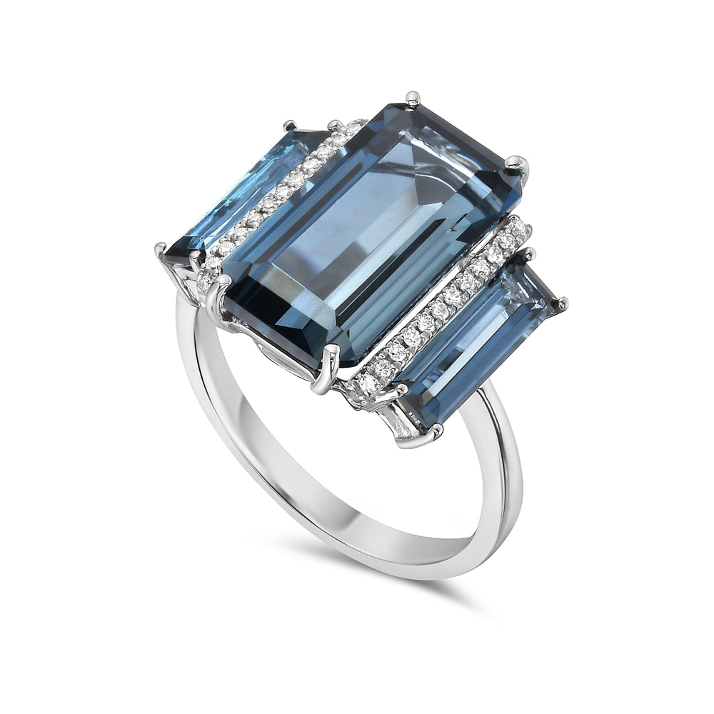 14K COCKTAIL RING WITH 28 DIAMONDS 0.19CT, 15X19 EMERALD CUT LONDON   BLUE TOPAZ 7.50CT & 2 11X3 EMERALD CUT LONDON BLUE TOPAZ  1.77CT