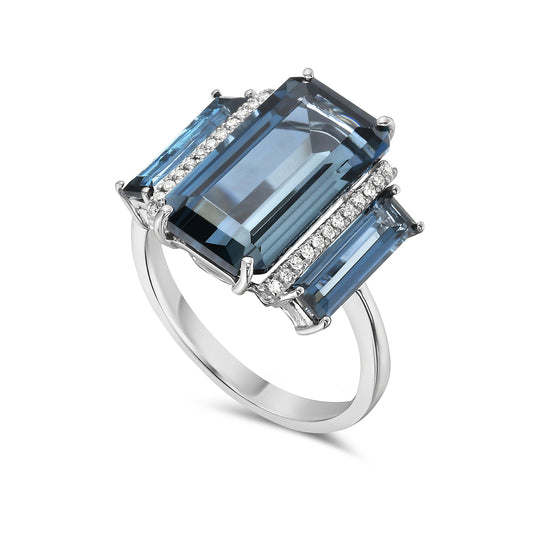 14K COCKTAIL RING WITH 28 DIAMONDS 0.19CT, 15X19 EMERALD CUT LONDON BLUE TOPAZ 7.50CT & 2 11X3 EMERALD CUT LONDON BLUE TOPAZ 1.77CT