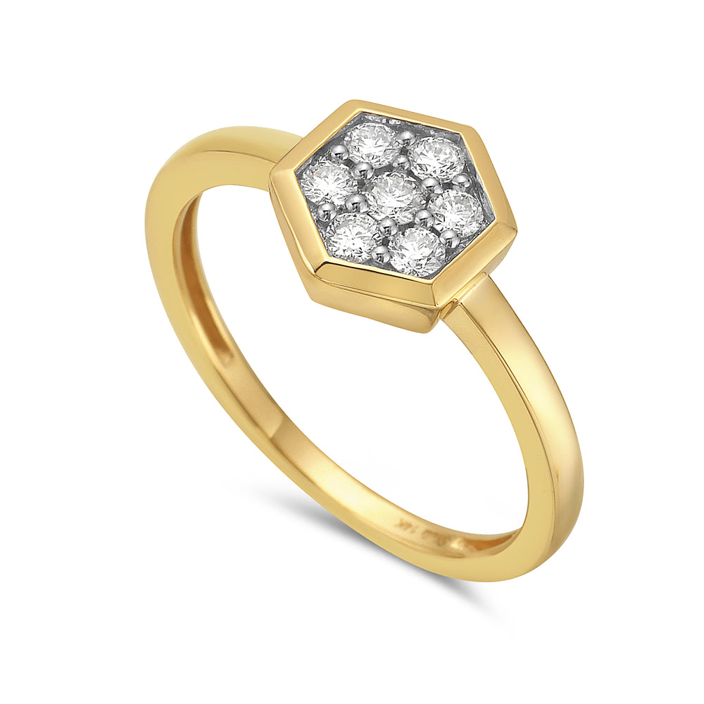 14K HEXAGON SHAPED RING WITH 7 DIAMONDS 0.25CT, 9MM