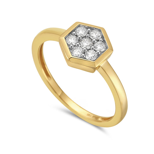 14K HEXAGON SHAPED RING WITH 7 DIAMONDS 0.25CT, 9MM