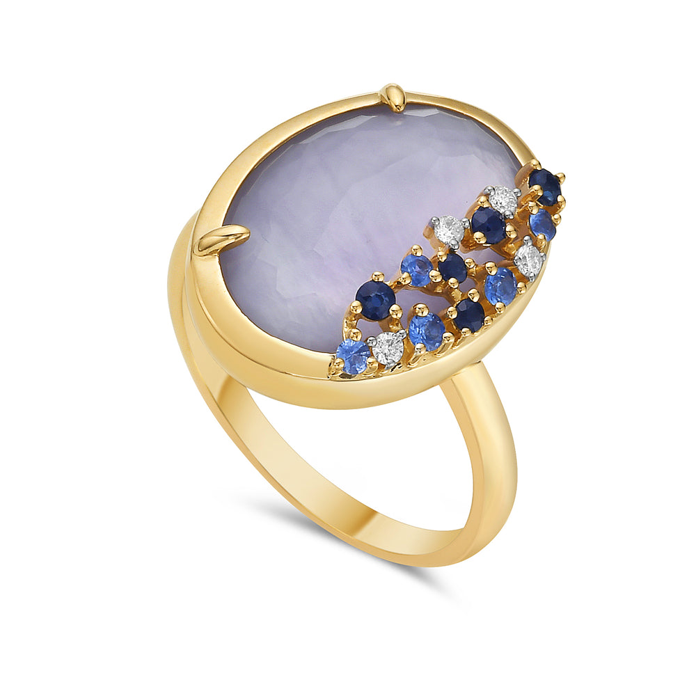 14K TRIPLET RING IN LAPIS, MOTHER OF PEARL AND FACETED LIGHT AMETHYST. WITH DIAMONDS AND BLUE SAPPHIRES