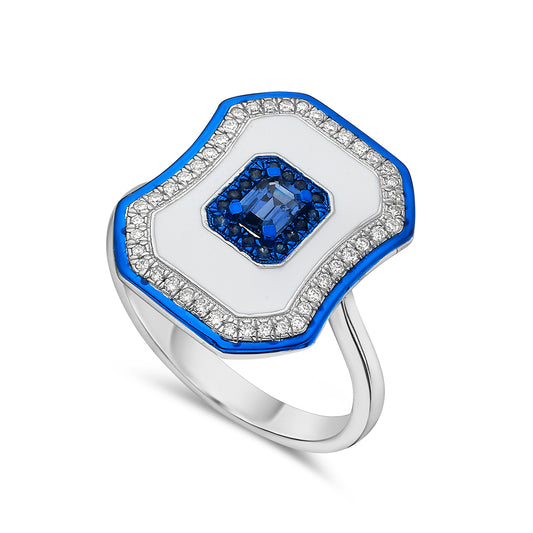 14K OCTAGON SHAPED RING WITH 44 DIAMONDS 0.16CT, 1 EMERALD CUT SAPPHIRE 0.27CT & 16 ROUND SAPPHIRES 0.06CT, 18X14MM
