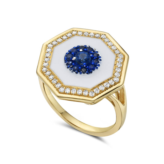 14K 17.50MM OCTAGON SHAPE RING WITH 40 DIAMONDS 0.20CT, 11 BLUE SAPPHIRES 0.35CT & WHITE ENAMEL SIZE 7