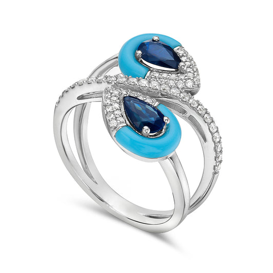 14KI 17.5MM WIDE DOUBLE PEAR SHAPE RING WITH 63 DIAMONDS 0.28CT, 2 PEAR SHAPE SAPPHIRES 0.85CT & REC TURQUOISE