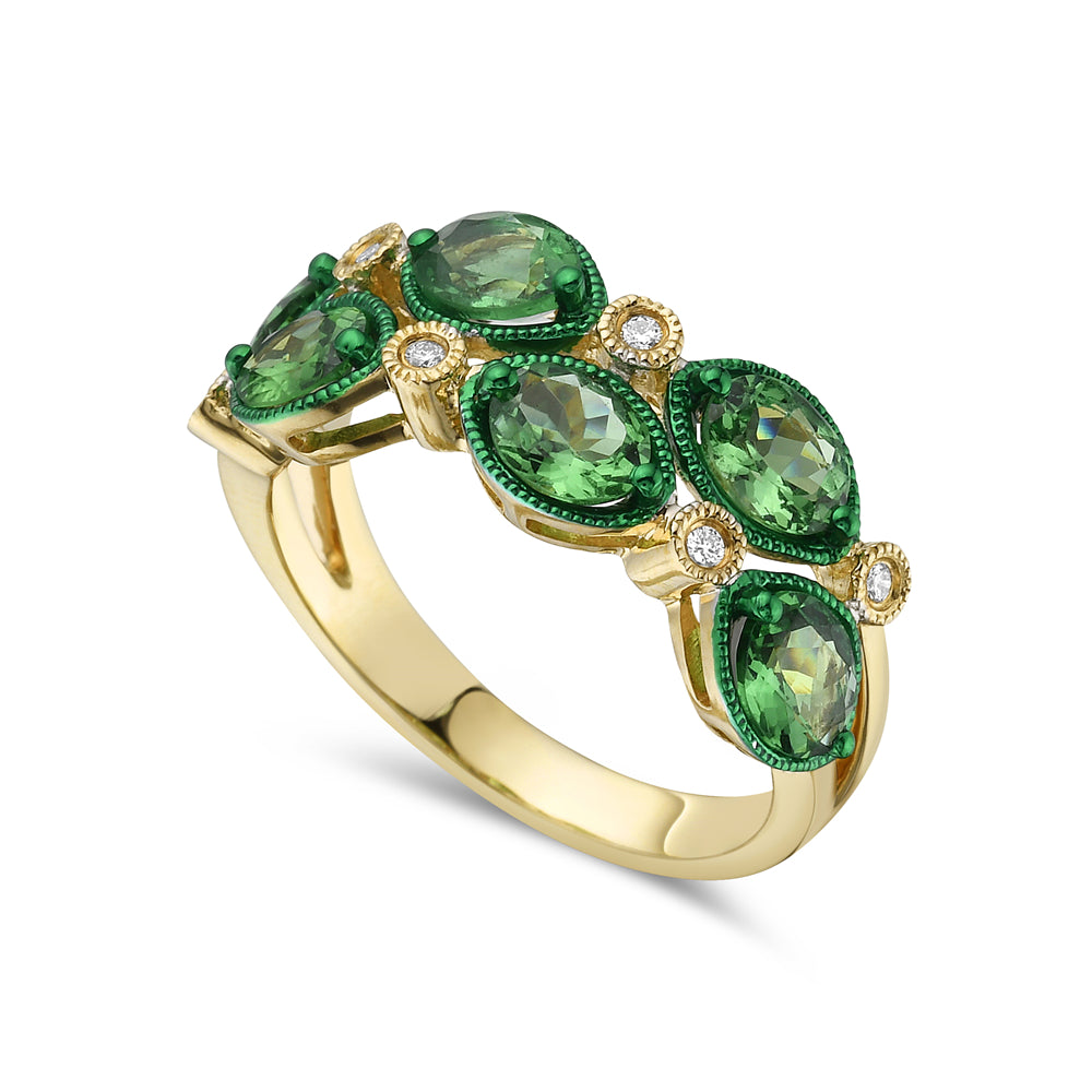 14K 10MM BAND WITH 6 ROUND GREEN GARNETS 2.13CT & 6 DIAMONDS 0.05CT