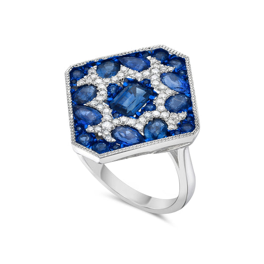 14K 23X21MM RING WITH 27 SAPPHIRES 3.53CT & 48 DIAMONDS 0.29CT