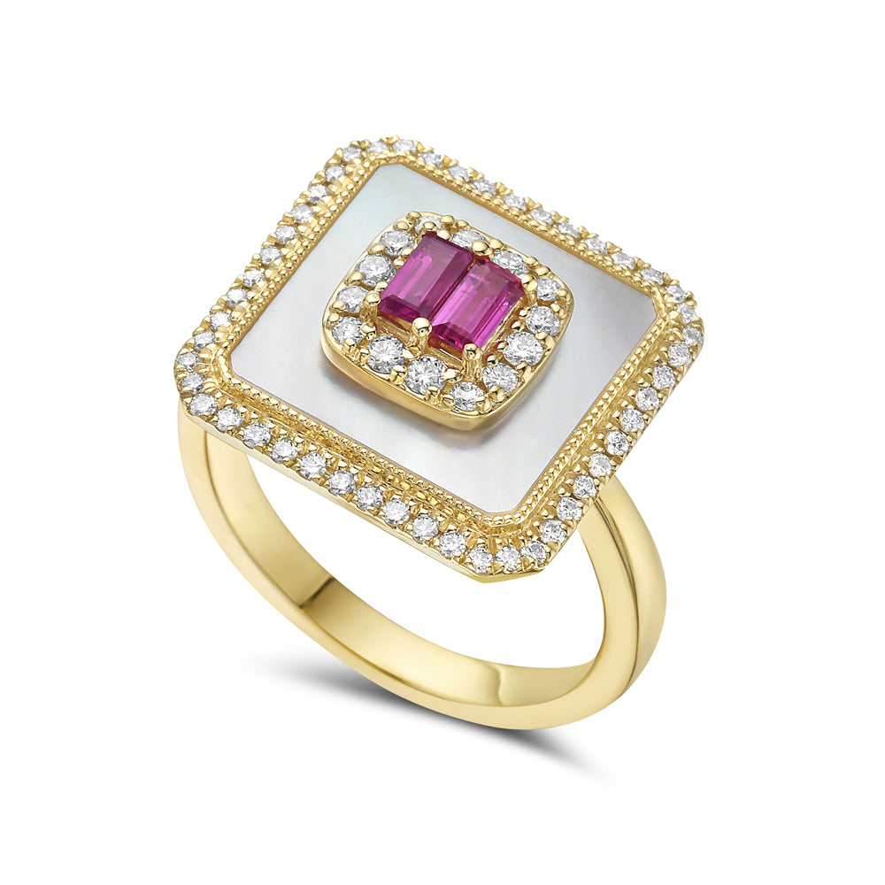 14K 16MM SQUARE RING WITH 62 DIAMONDS 0.33CT, 2 BAGUETTE RUBIES 0.32CT