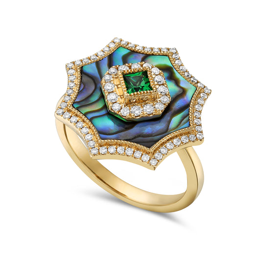 14K 18MM RING WITH 72 DIAMONDS 0.29CT, GREEN GARNET 0.17CT & INLAID ABALONE