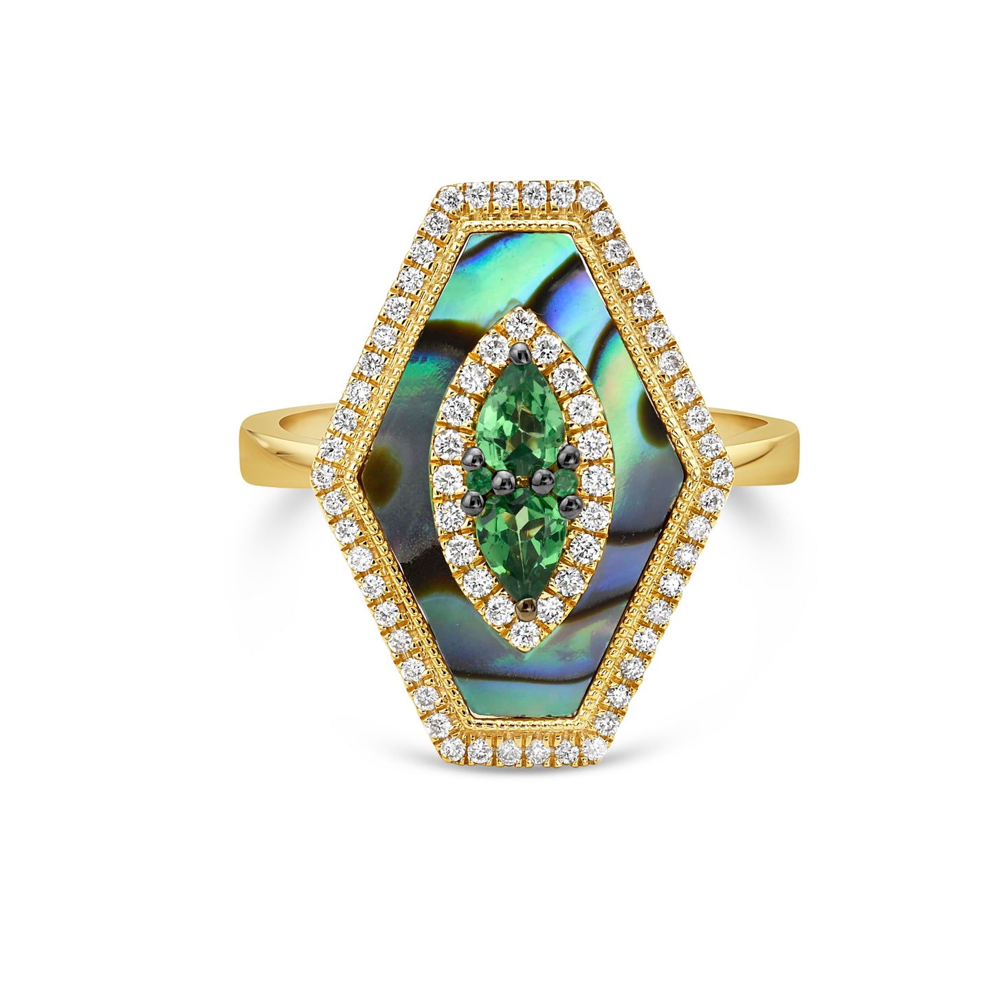 14K 20X15MM RING WITH 70 DIAMONDS 0.25CT, 4 GREEN GARNETS 0.37CT & INLAID ABALONE