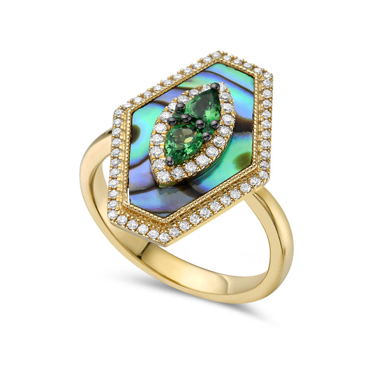 14K 20X15MM RING WITH 70 DIAMONDS 0.25CT, 4 GREEN GARNETS 0.37CT & INLAID ABALONE