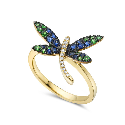 14KY 18X14MM DRAGOFLY RING WITH 14 BLUE 0.30CT, 11 DIAMONDS 0.05CT & 14 GREEN GARNETS 0.23CTSAPPHIRES