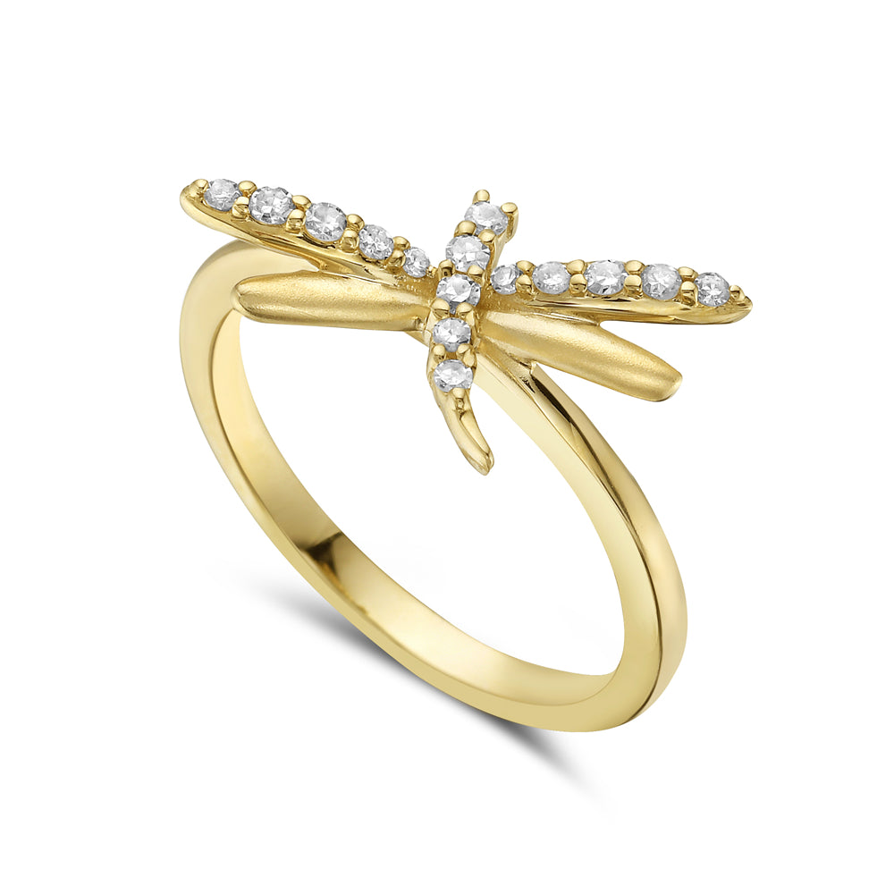 14K 17MM DRAGONFLY RING WITH 15 DIAMONDS 0.14CT