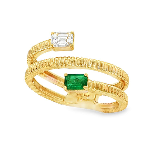 14K BYPASS DIAMOND & EMERALD RING