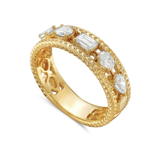 14k 6mm open design band with 2 pear shape, 1 emerald cut & 2 oval diamonds 0.70ct