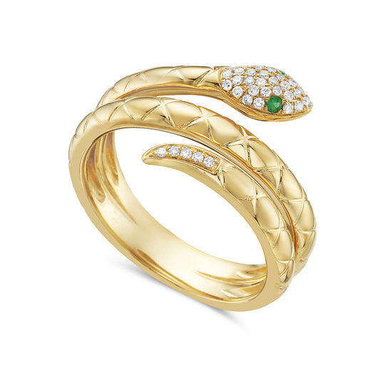 14k 11mm wide snake ring with 36 diamonds 0.12ct & 2 emeralds 0.03ct