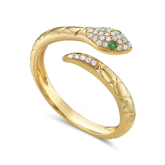 14k 8mm wide snake ring with 36 diamonds 0.12ct 2 emeralds 0.03ct