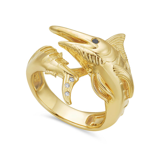 14ky 21mm wide marlin ring with 3 diamonds 0.02ct & 1 Black diamond 0.015ct