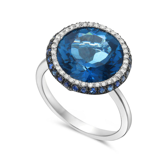 14k 15mm ring 36 diamonds 0.10ct, 29 sapphires 0.40ct & london blue topaz 7.35ct