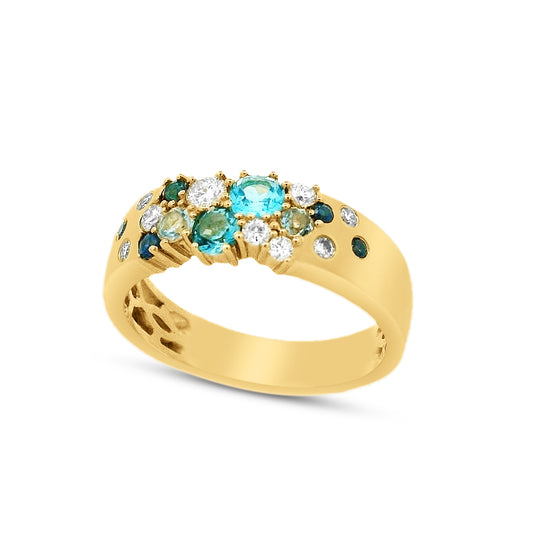 14KY 5mm ring with 9 diamonds 0.18ct, 4 blue sapphires 0.10 ct, and round mixed blue topaz