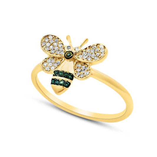 12.5x11mm 14K bumble bee ring with 48 diamonds 0.09ct and blue diamonds 0.02ct