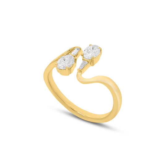 14KY 19mm Ring with 2 oval diamonds 0.53ct and 2 tapered baguettes 0.05ct totaling 0.58ct