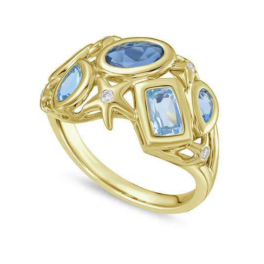 14k 11.50mm starfish ring with 5 diamonds 0.06ct, 1 london blue topaz,0.95ct, 2 sky blue 0.95ct & 2 swiss blue 0.84ct
