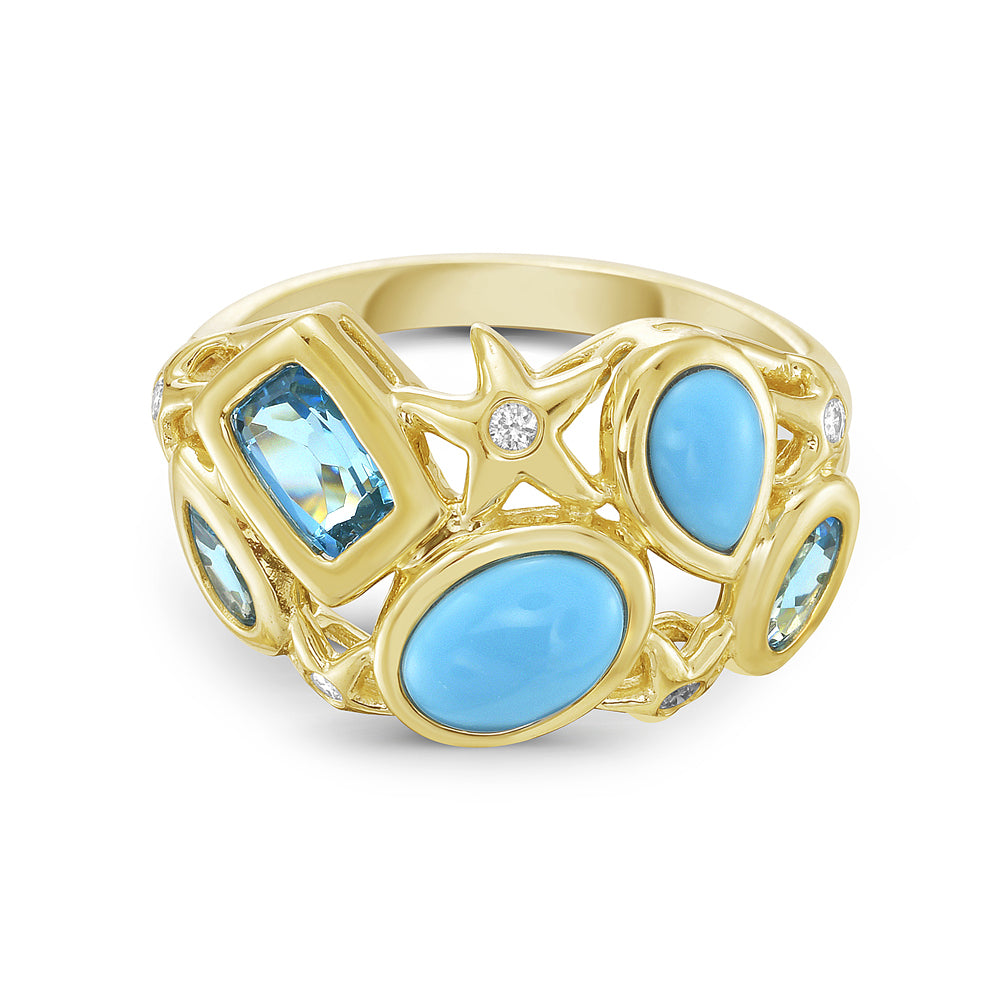 14k 10mm wide ring with 5 diamonds 0.058ct, 3 blue topaz 1.16ct & 2 rec trq 5.5