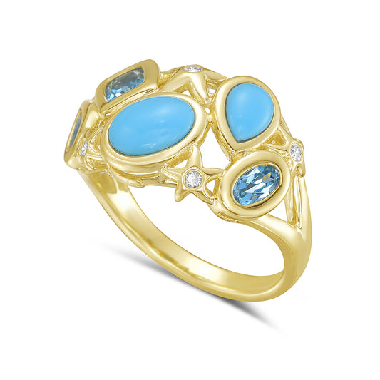 14k 10mm wide ring with 5 diamonds 0.058ct, 3 blue topaz 1.16ct & 2 rec trq 5.5