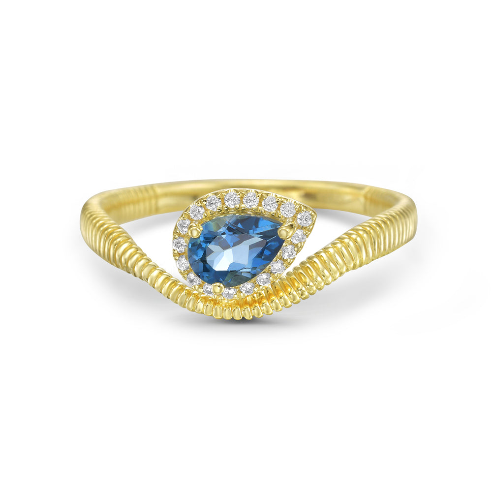 14KY ring with 1 London blue topaz 0.52ct and 18 diamonds 0.07ct tw 5.5
