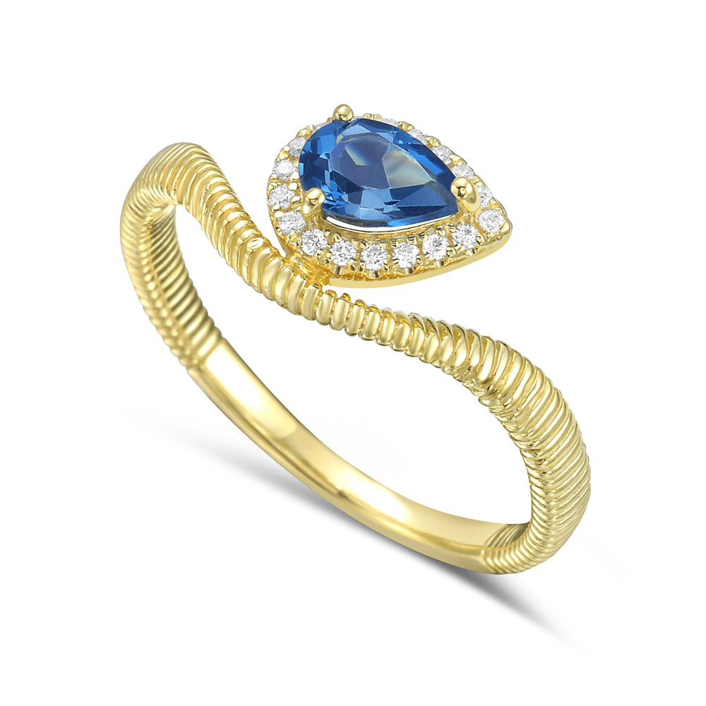 14KY ring with 1 London blue topaz 0.52ct and 18 diamonds 0.07ct tw 5.5