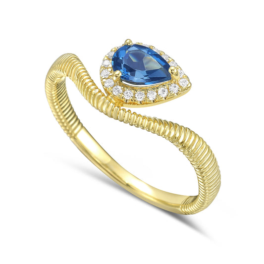 14KY ring with 1 London blue topaz 0.52ct and 18 diamonds 0.07ct tw 5.5