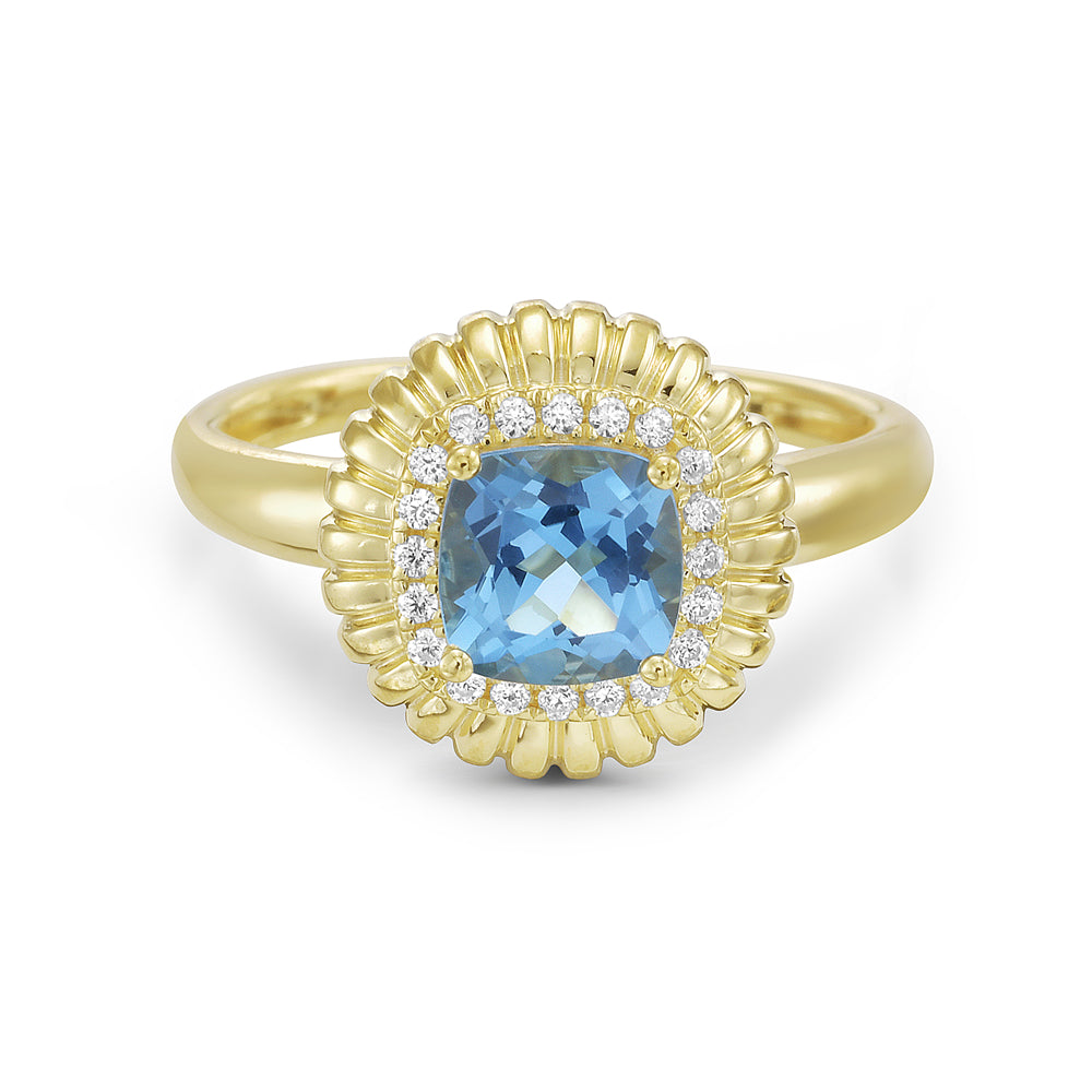 14KY ring with 1 blue topaz 1.19ct and 20 diamonds 0.1.ct tw 5.5