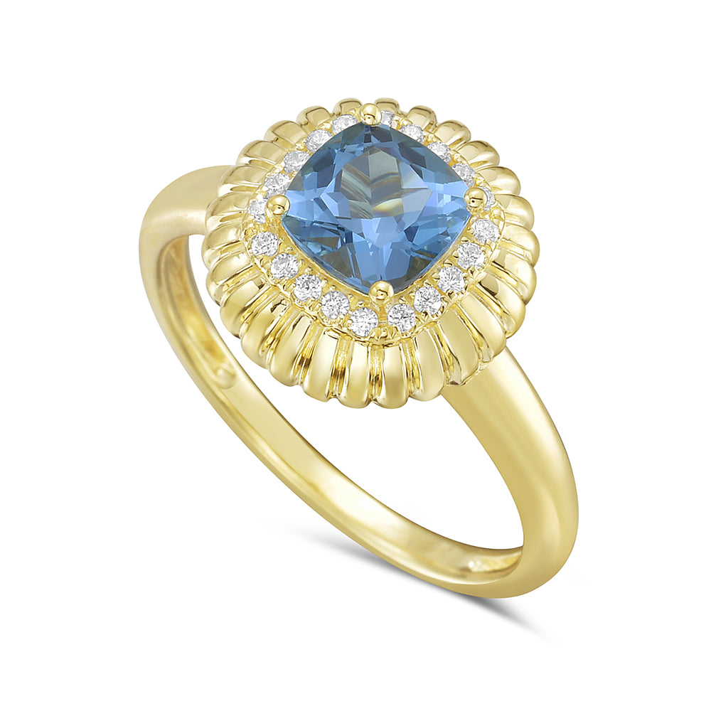 14KY ring with 1 blue topaz 1.19ct and 20 diamonds 0.1.ct tw 5.5