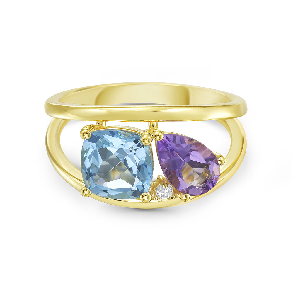 14KY ring with 1 blue topaz 1.81ct. 1 amethyst 0.89ct, and 1 diamond 0.02ct 5.5