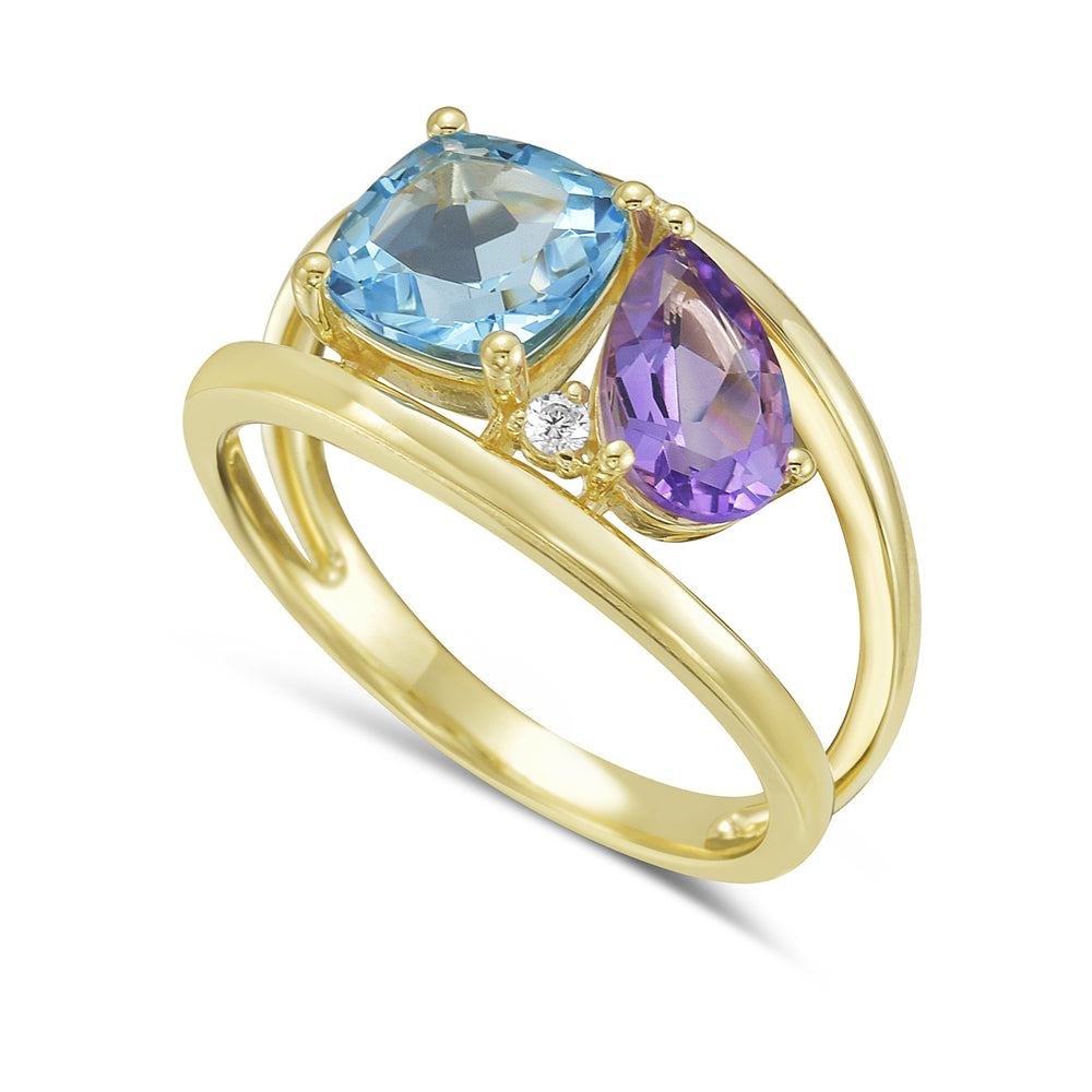 14KY ring with 1 blue topaz 1.81ct. 1 amethyst 0.89ct, and 1 diamond 0.02ct 5.5