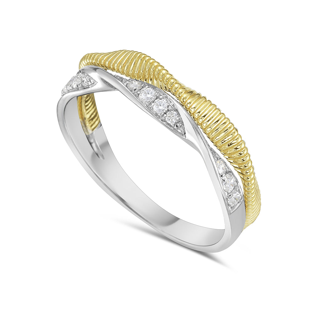 14KWY two tone twisted ring with 13 diamonds 0.15ct tw 5.5