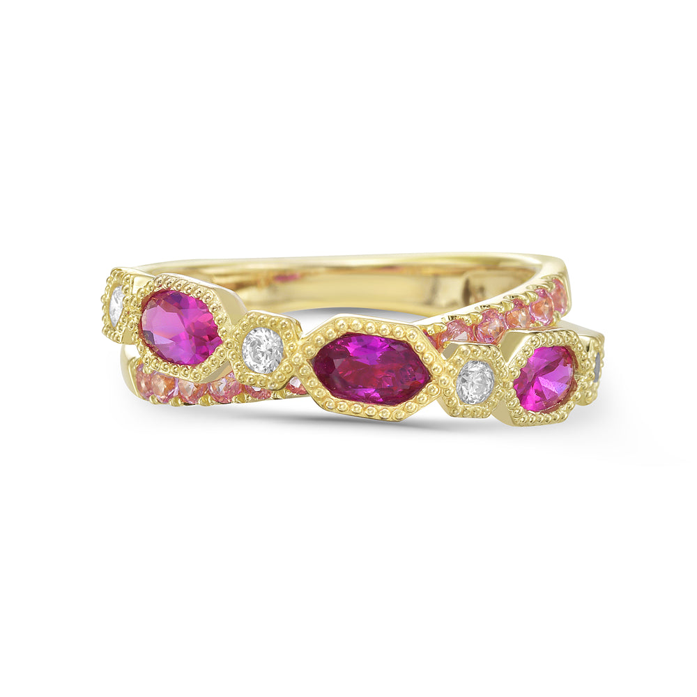 14KY ring with 3 rubies 0.83ct tw, 12 pink sapphires 0.34ct tw, and 4 diamonds 0.14ct tw 5.5