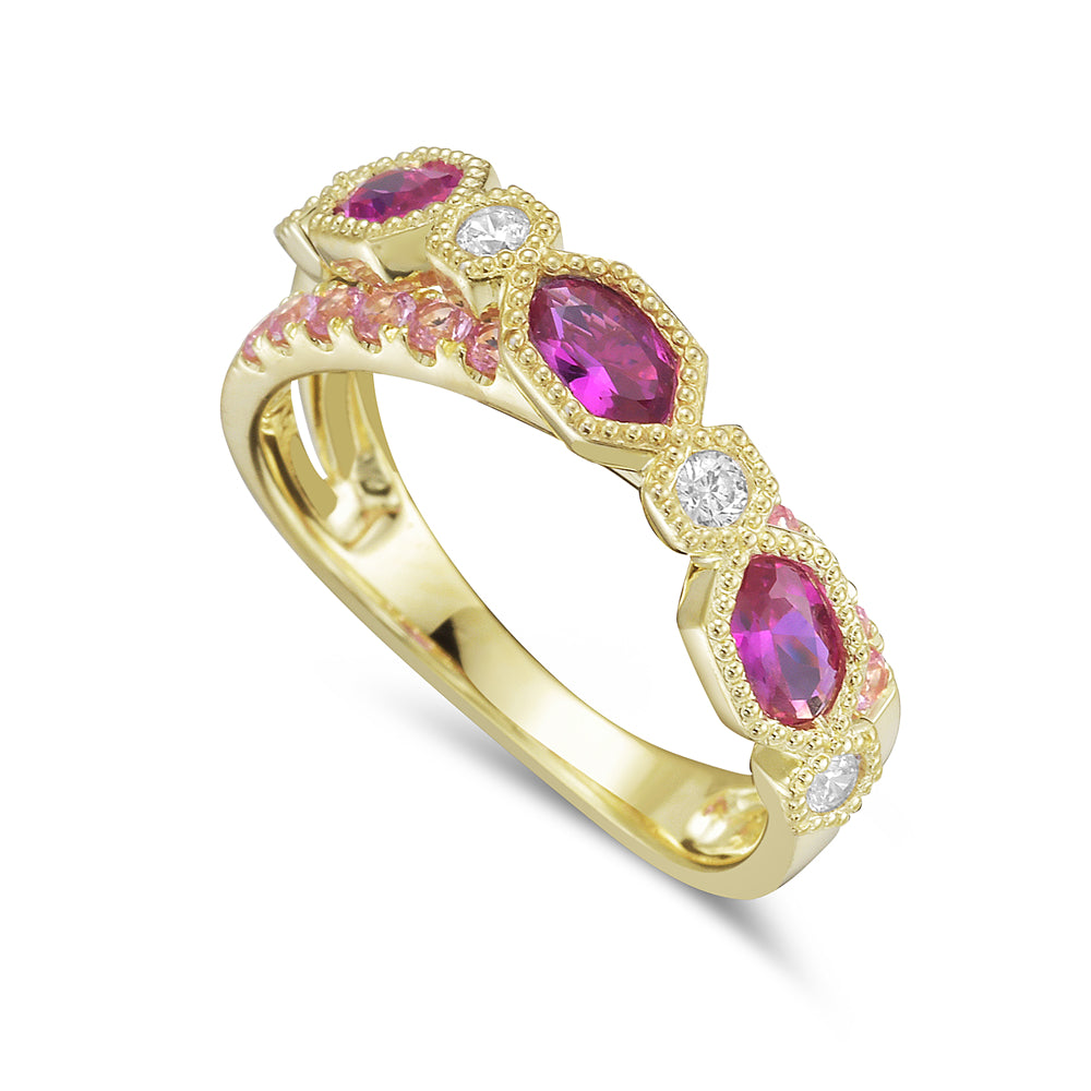 14KY ring with 3 rubies 0.83ct tw, 12 pink sapphires 0.34ct tw, and 4 diamonds 0.14ct tw 5.5
