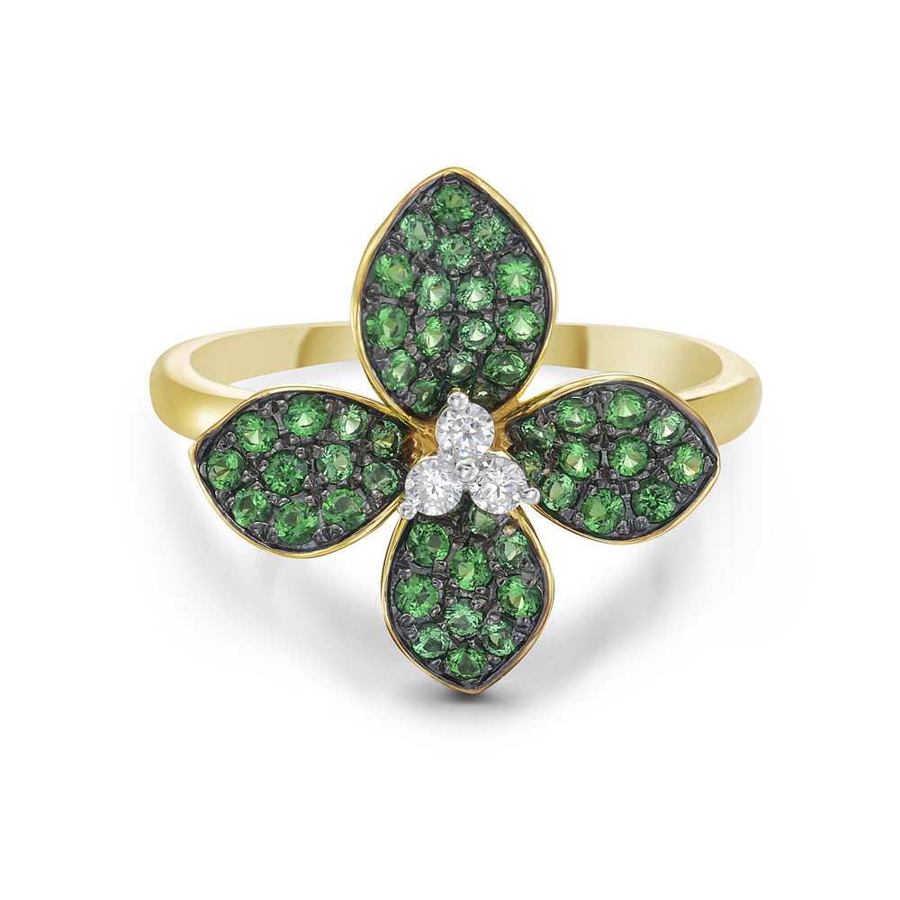 14KY leaf ring with 50 dark green garnets 0.70ct tw and 3 diamonds 0.08ct tw 5.5