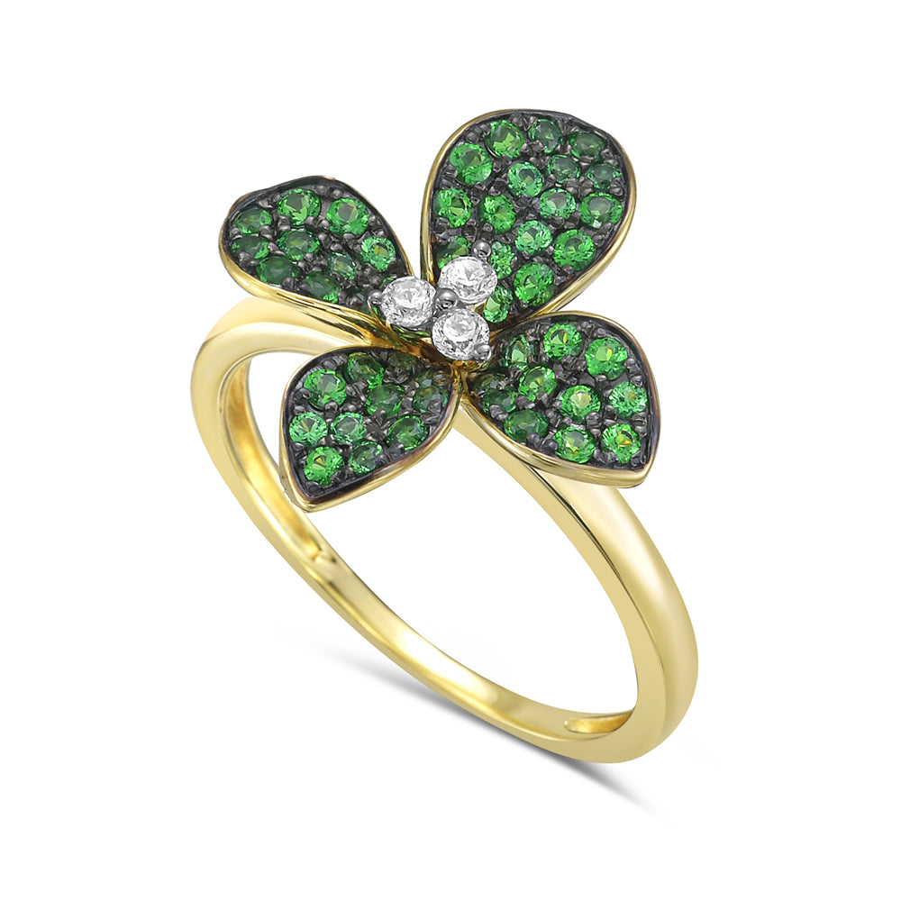 14KY leaf ring with 50 dark green garnets 0.70ct tw and 3 diamonds 0.08ct tw 5.5