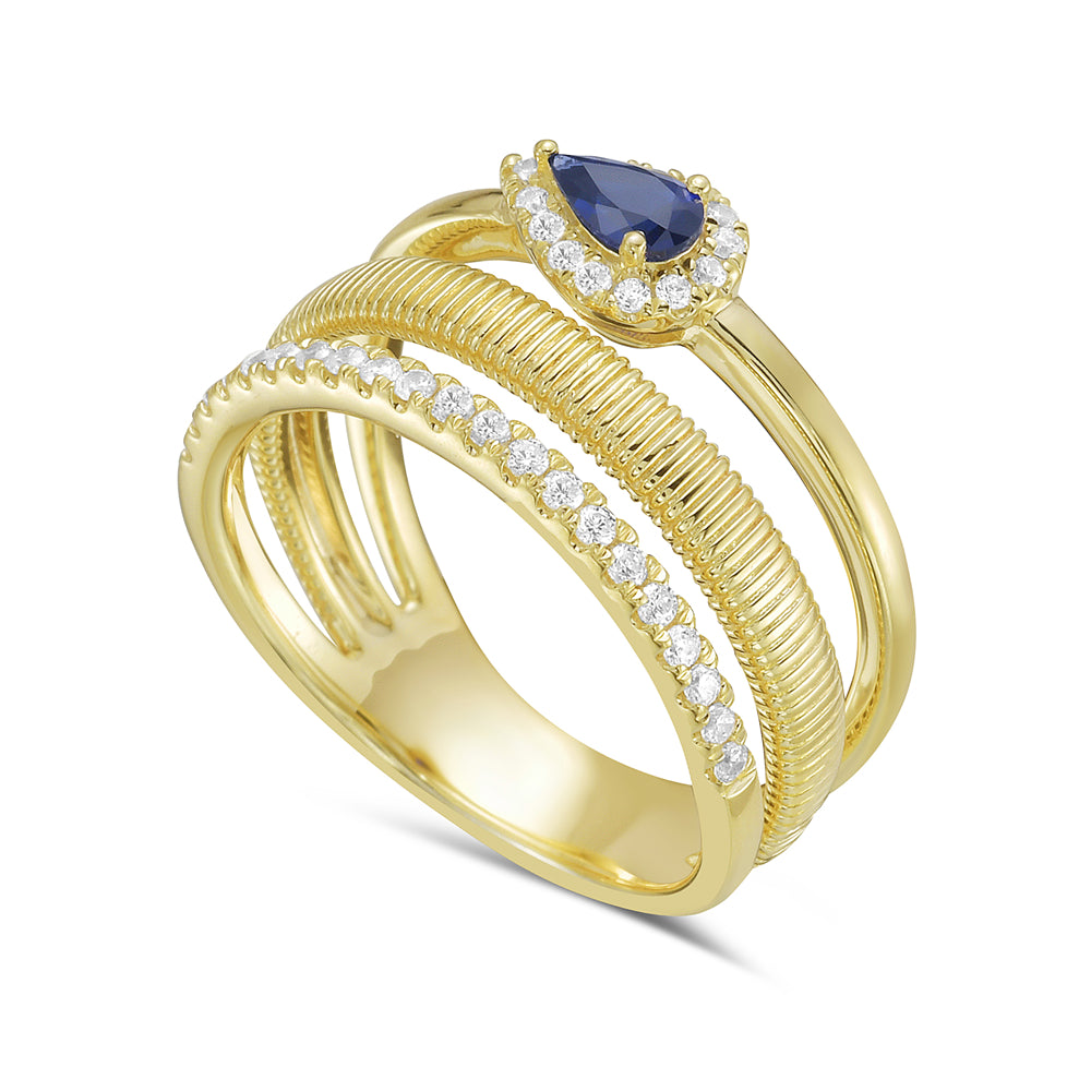 14KY wrap around ring with 1 sapphire 0.26ct and 35 diamonds 0.24ct tw 5.5