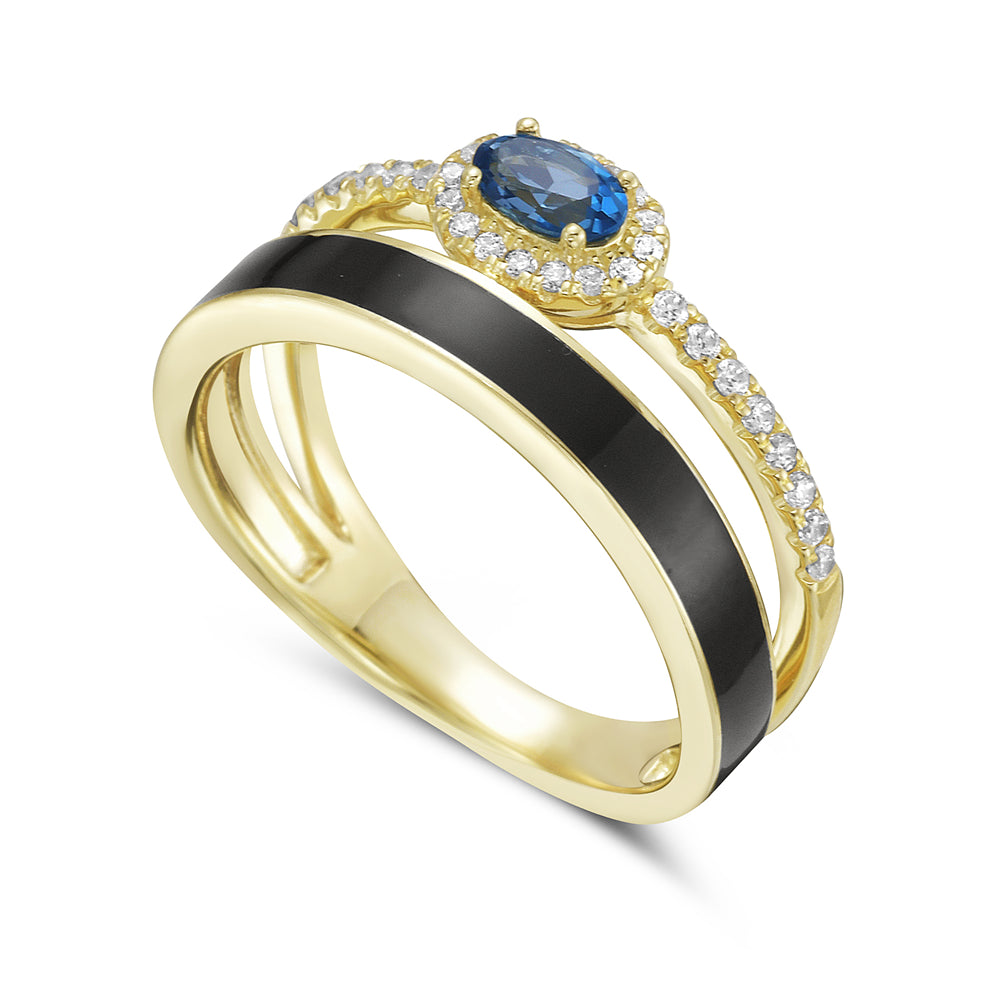 14KY dual band ring with 1 London blue topaz 0.30 ct and 32 diamonds 0.18ct tw 5.5
